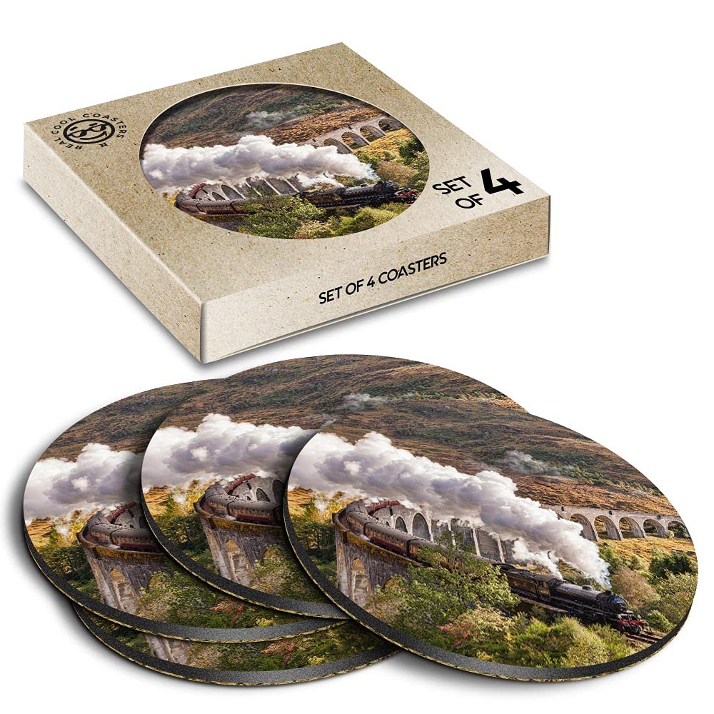 4 x Eco Boxed Cork Coasters - Jacobite Steam Train Glenfinnan Viaduct Drink Cup Mug Glass Table Mat #16235
