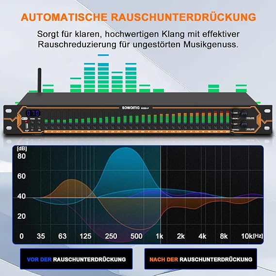 Equalizer for Home Stereo Audio Systems Professional 31 Band Graphics Equalizer in Rack Mount Design Digital Studio EQ with Spectrum Analyzer Display and Noise Reduction