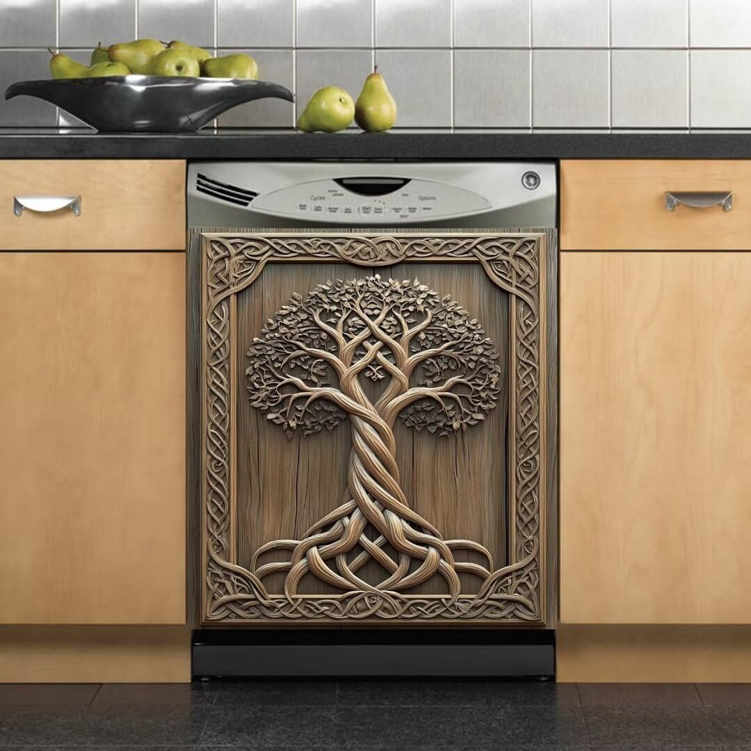 3D Carving Tree of Life Dishwasher Magnetic Full Door Skin Cover, Vintage Barn Wood Door Tree of Life Refrigerator Magnet Panel Decal, Reusable Dishwasher Magnet Cover - Magnetic 23" x 26"