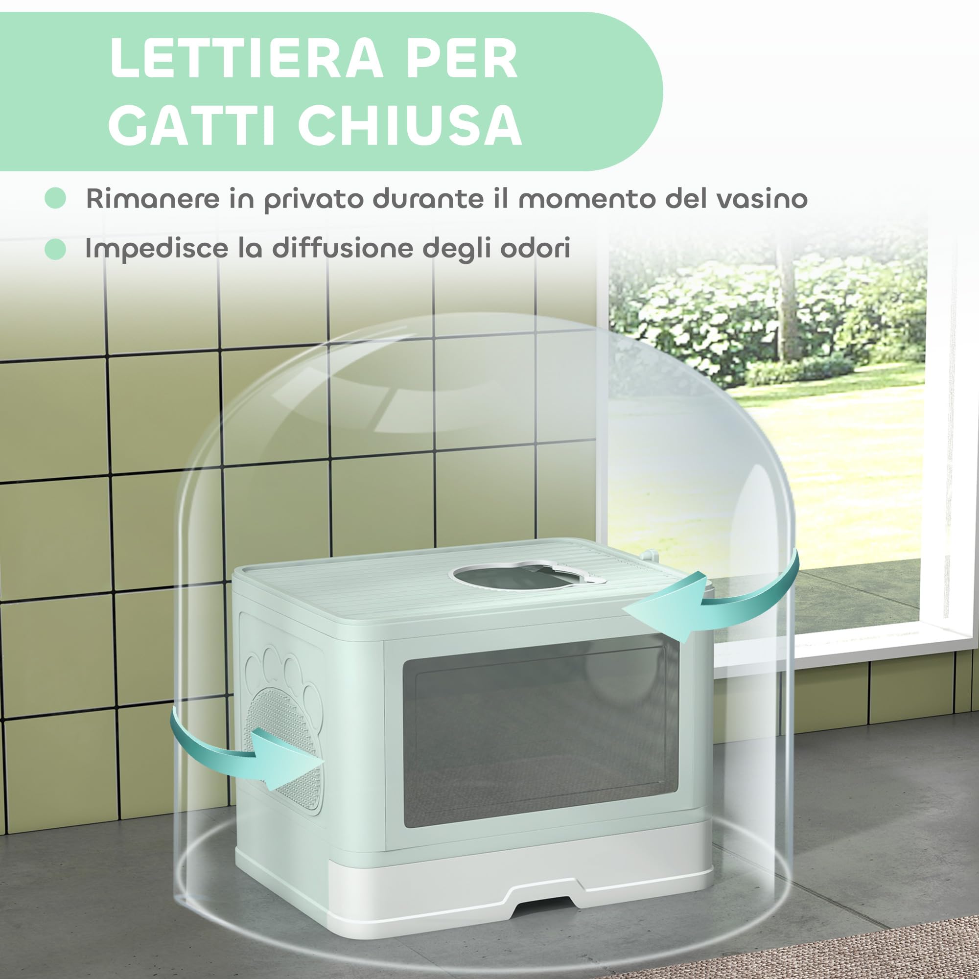 PawHut Lettiera per Gatti Chiusa con Coperchio Apertura Frontale Verde | Toilette per Gatti, Doppia Entrata Frontale e Superiore, Cassetto Estraibile, Paletta e Spazzola, Facile da Pulire