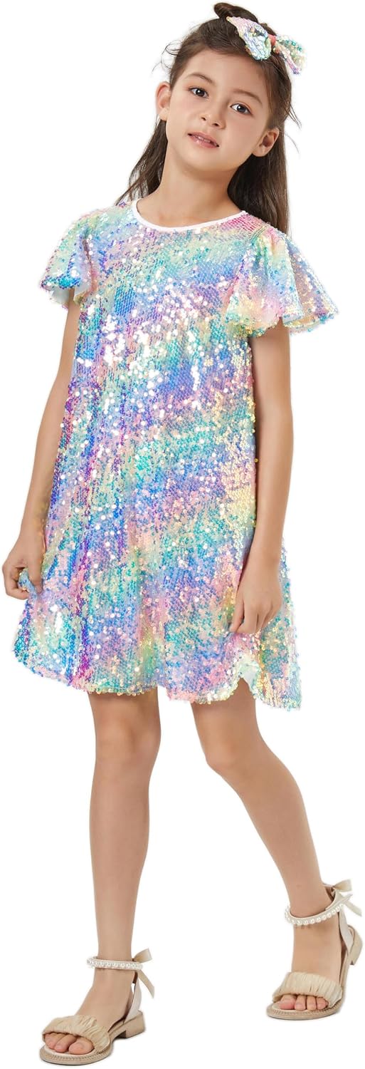 Girls Sequin Dress Shiny Short Flutter Sleeve Midi Sparkly Party Dress with Hairbow