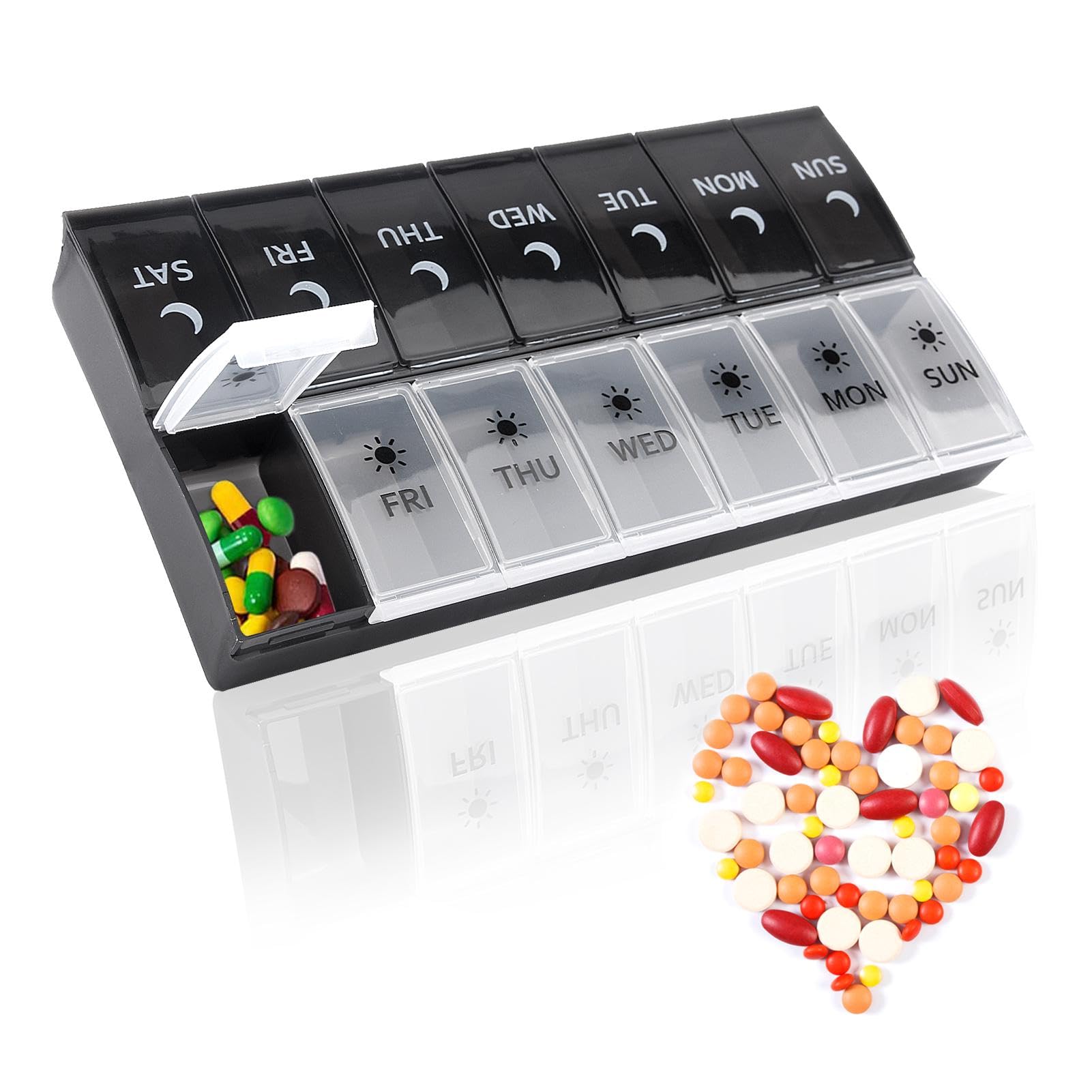 Daily Pill Boxes 7 Day 2 Times a Day,Weekly Pill Organiser am pm,Large Medicine Storage Box 14 Compartments,Tablet case for Vitamin Medication,Pill Dispenser dosset Box for Fish Oil & Supplement