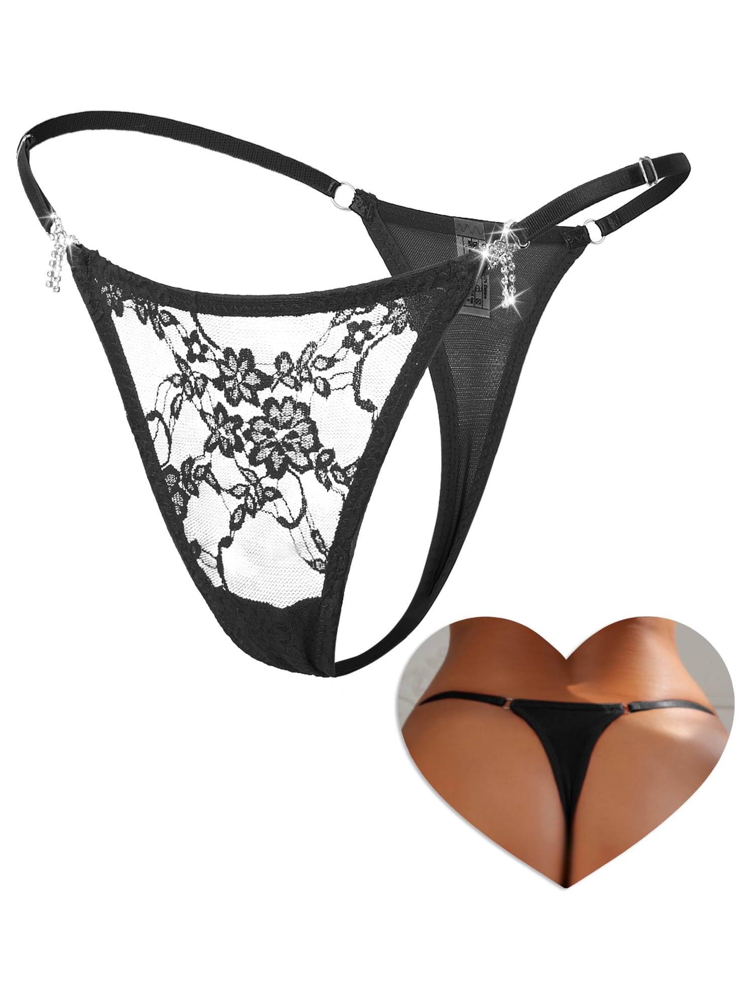 comeondear Mini G String Damen Tanga Sexy Dünn mit Strass Spitze Unterwäsche für Frau Große Größen Brazilian Unterhosen Slip Niedrige Taille Höschen Durchsichtig Lace Panties Thong T Back(Schwarz,XXL)