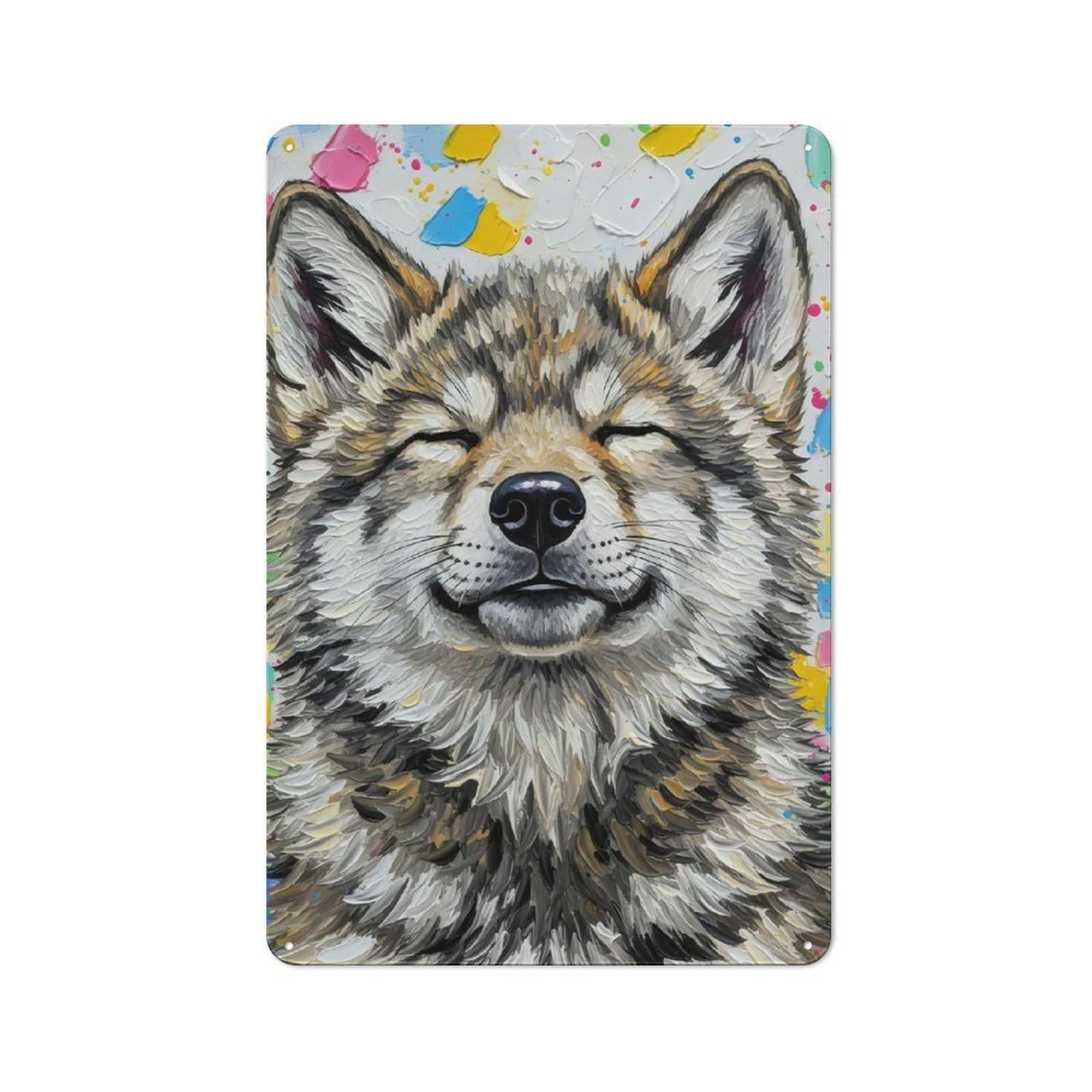 Junmoney Smiling Wolf Portrait With Colorful Backgroun D Vintage Tin Sign 30X20cm For Hobby Room Or Studio, A New Home Present For Creative Interior Collectors