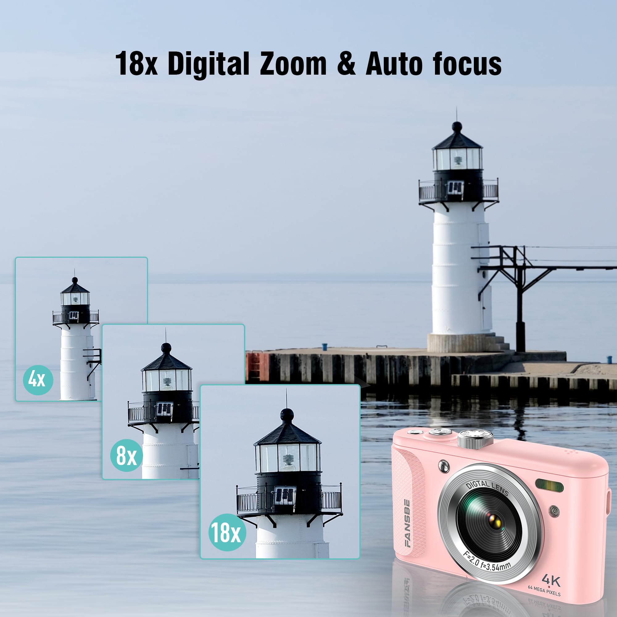 Fansbe Smart Fotocamera digitale, fotocamera 4K Vlogging con 64MP, fotocamera digitale Point e Shoot con zoom 18X, anti-shake, quadrante modalità, scheda SD da 32 GB, lettore di schede