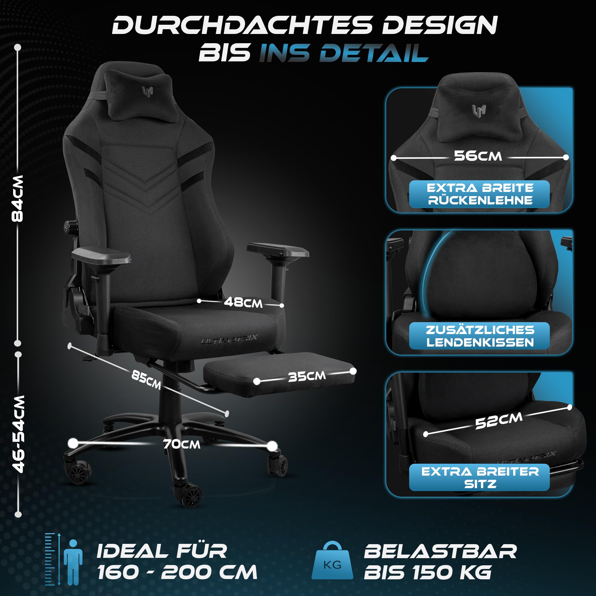 Ultimatrix FURY Gaming Stuhl Ergonomisch [TESTSIEGER] Integrierte Lordosenstütze, 4D-Armlehnen, Atmungsaktiver Stoff, Fußstütze, Gamingstuhl Kaltschaum, Gaming Chair 150kg, Schreibtischstuhl (Schwarz)