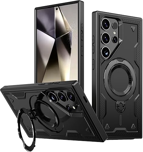 Funda para Samsung S25 Ultra, ShockArmor de grado militar, soporte, red mag, delgada, resistente a los arañazos, recortes precisos, agarre Negro