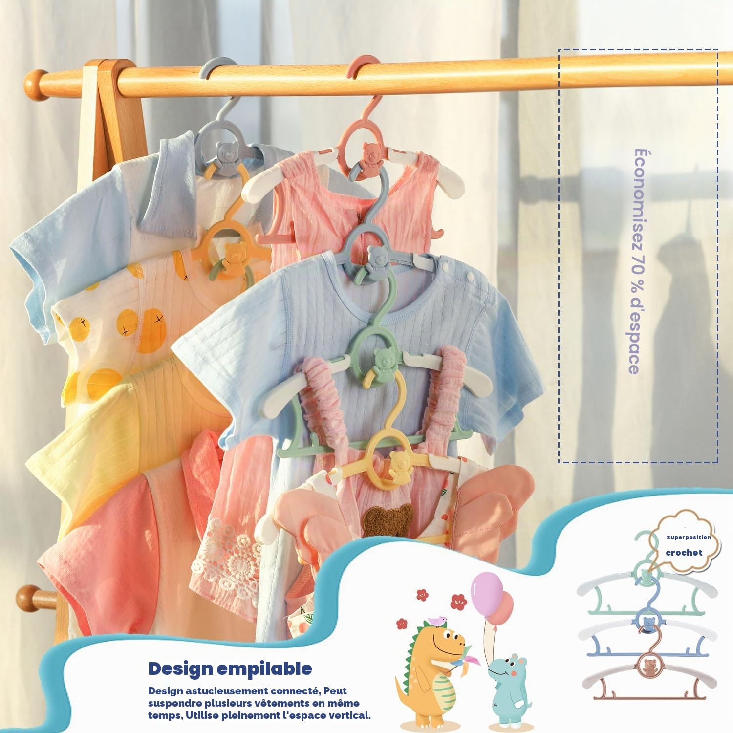 JSF Lot de 20 cintres empilables pour enfants - Avec crochets d'ours - Antidérapants - Pour vêtements d'enfants - Pour bébé - Peu encombrant (bleu + blanc)