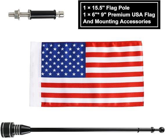 American Flag 6 x 10 Black Motorcycle FlagPole Mount for Harley Davidson Honda Suzuki Kawasaki Goldwing CB VTX CBR Yamaha Fits 1/2 Round Luggage Rack