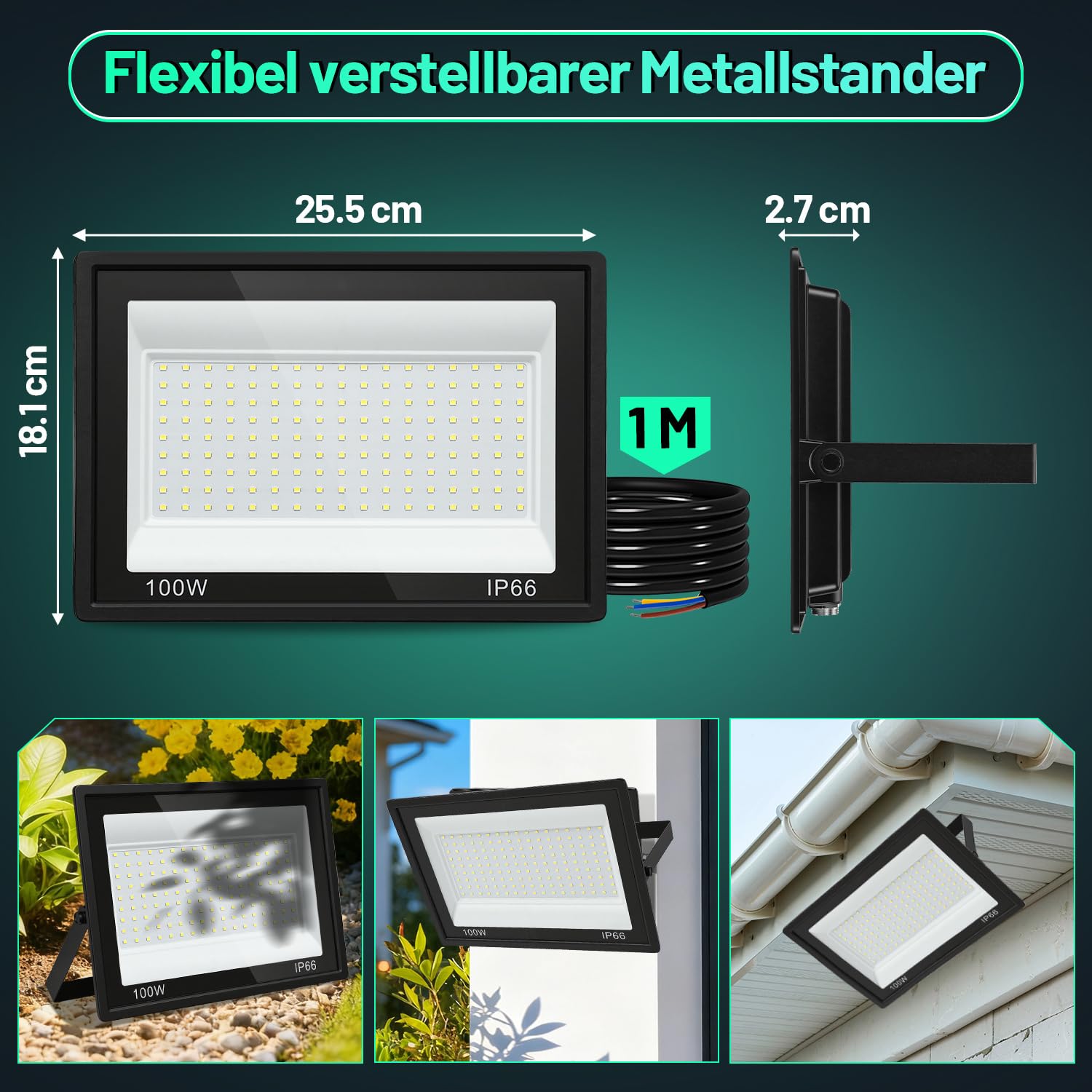 Sonnewelt LED Strahler Außen Fluter 5er 100W Aussenstrahler 8500lm Flutlicht 6000k Kaltweiß IP66 Wasserdicht Außenstrahler für Sportplatz Rasenflächen Hinterhof Auffahrt Garage Flur Garten