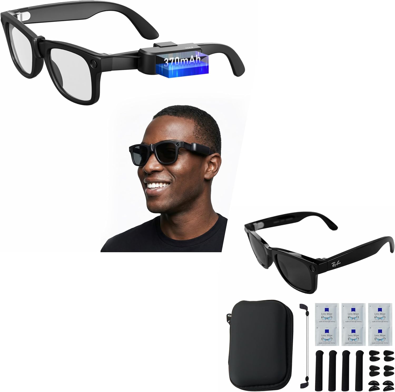 Wearable Battery Pack Charger + Smart Glasses Accessories Kit Compatible with Ray-Ban & Oakley Meta Smart Glasses Gen 1 & Gen 2, Ultra-Light Mini Power Bank with Storage Case, Nose Pads, Lanyard & Cle