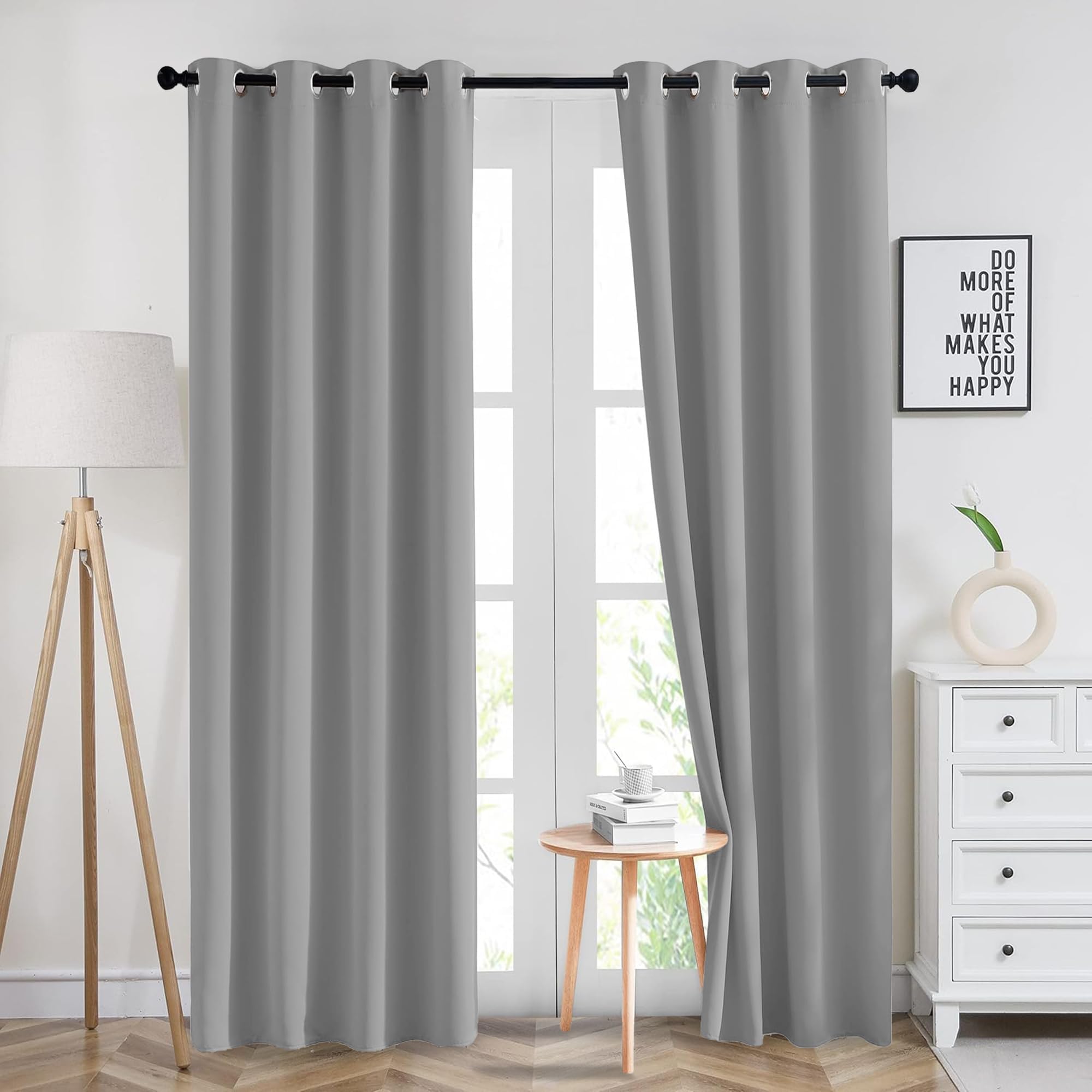 Imperial Rooms Blackout Eyelet Curtains for Bedroom 90x72 inch Drop Thermal Insulated Super Soft Ring top Light Grey Curtain 2 Panel withTwo Tie Backs
