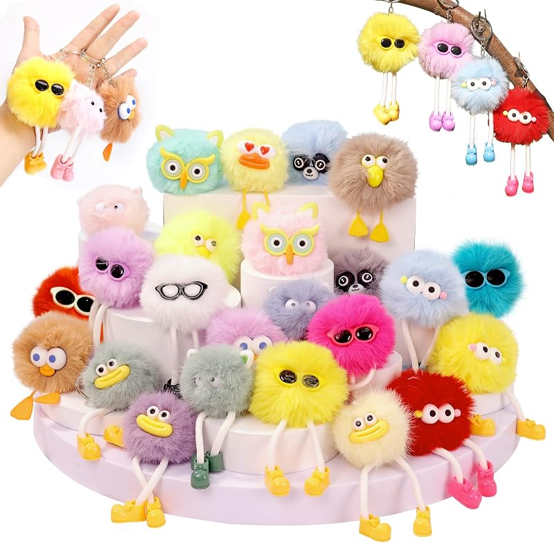 24 PCs Party Favors Keychains - Plush Backpack Keychain Bulk Kids Keychain Cute for Birthday Party Favors for Kids 8-12 Back to School Gifts for Students Classroom Prizes Elementary