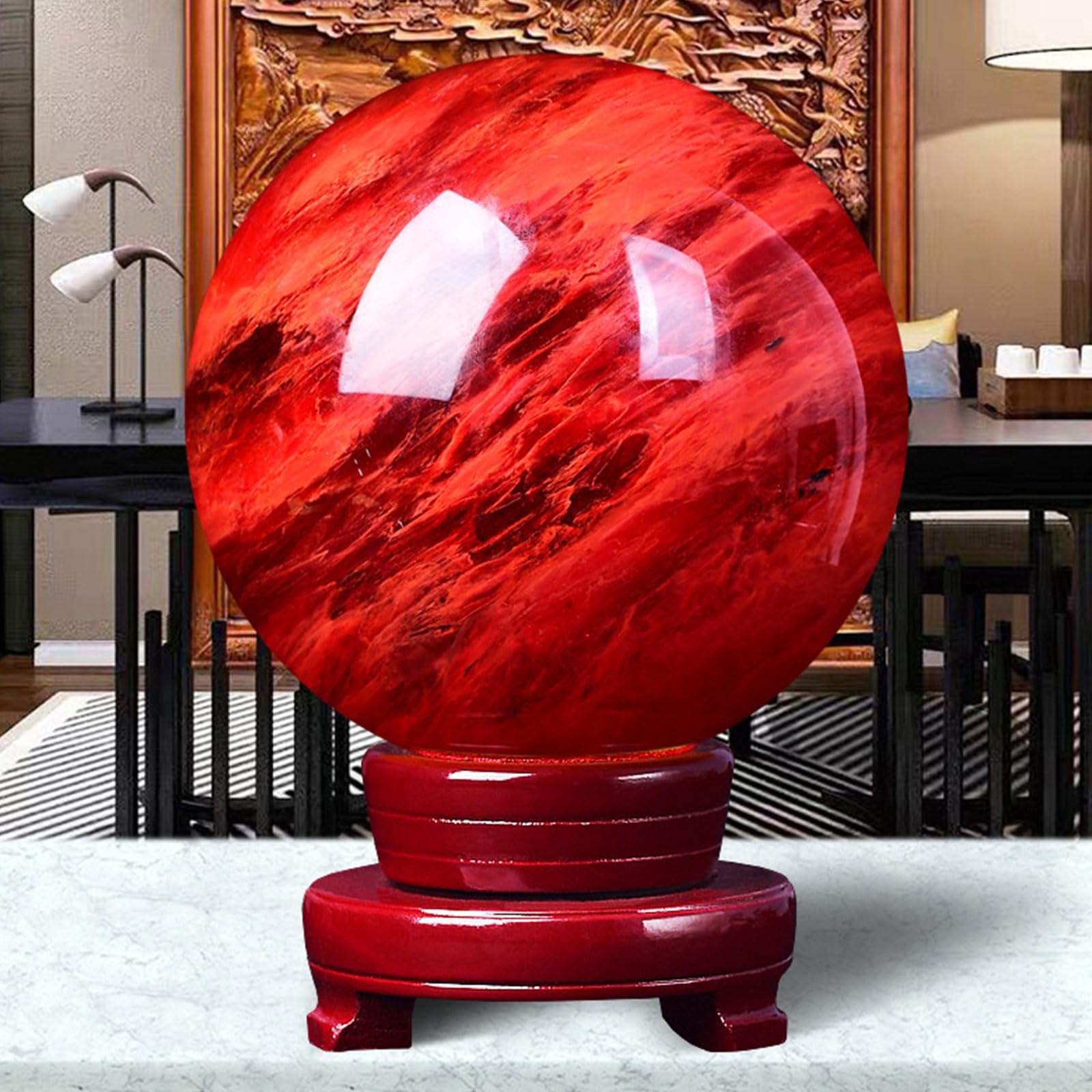 Kryształowa kula z naturalnego czerwonego obsydianu z drewnianą podstawą – kula z leczniczego kamienia szlachetnego do dekoracji domu i biura, kamień ochronny do medytacji,Diameter3.9"