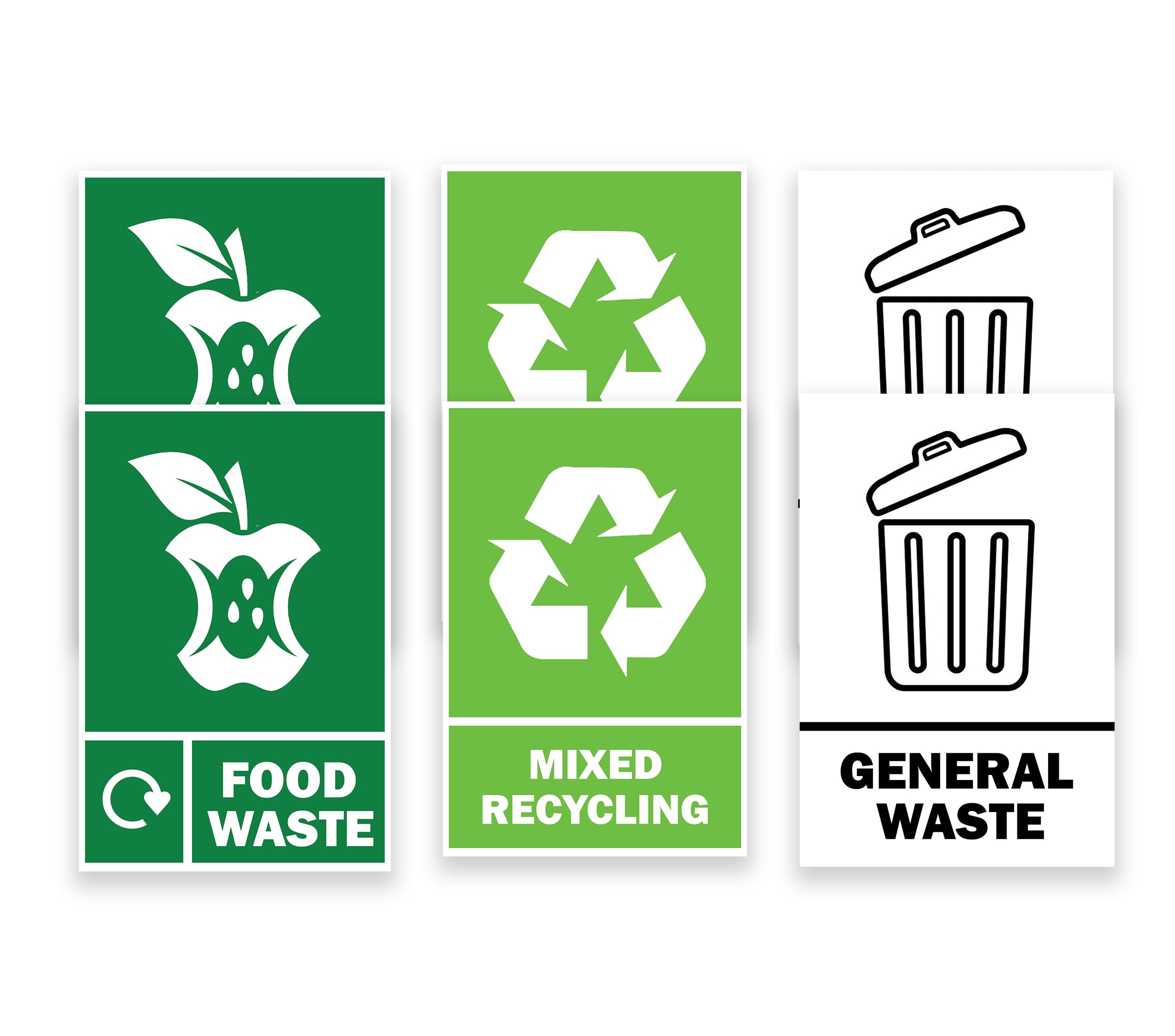 100mm x 150mm Permanent Vinyl Waste Labels (2X Mixed Recycling, 2X General Waste, 2X Food Waste) – Durable Self-Adhesive Bin Stickers for Indoor & Outdoor Use (Pack of 6)