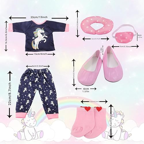 Miniatura 3 de MSYO Conjunto de pijama de muñeca de 18 pulgadas, conjunto de ropa de dormir con temática de unicornio que incluye parte superior de pijama,