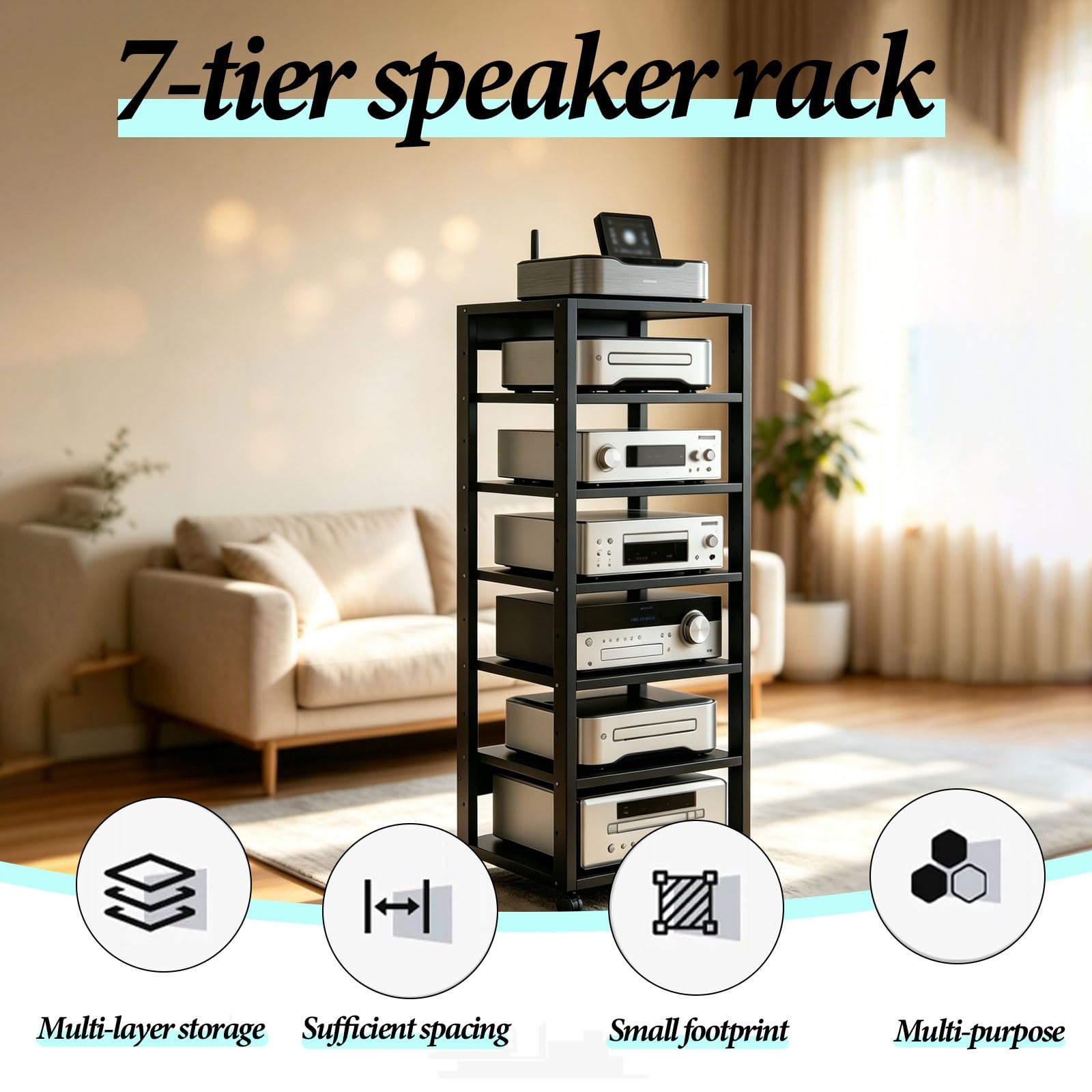 Estante for componentes de Audio de Alta Resistencia, Estante móvil for Multimedia con Ruedas, Soportes y Racks for Equipos de Sonido, Ideal for Salas de Juegos, grabación(Negro)