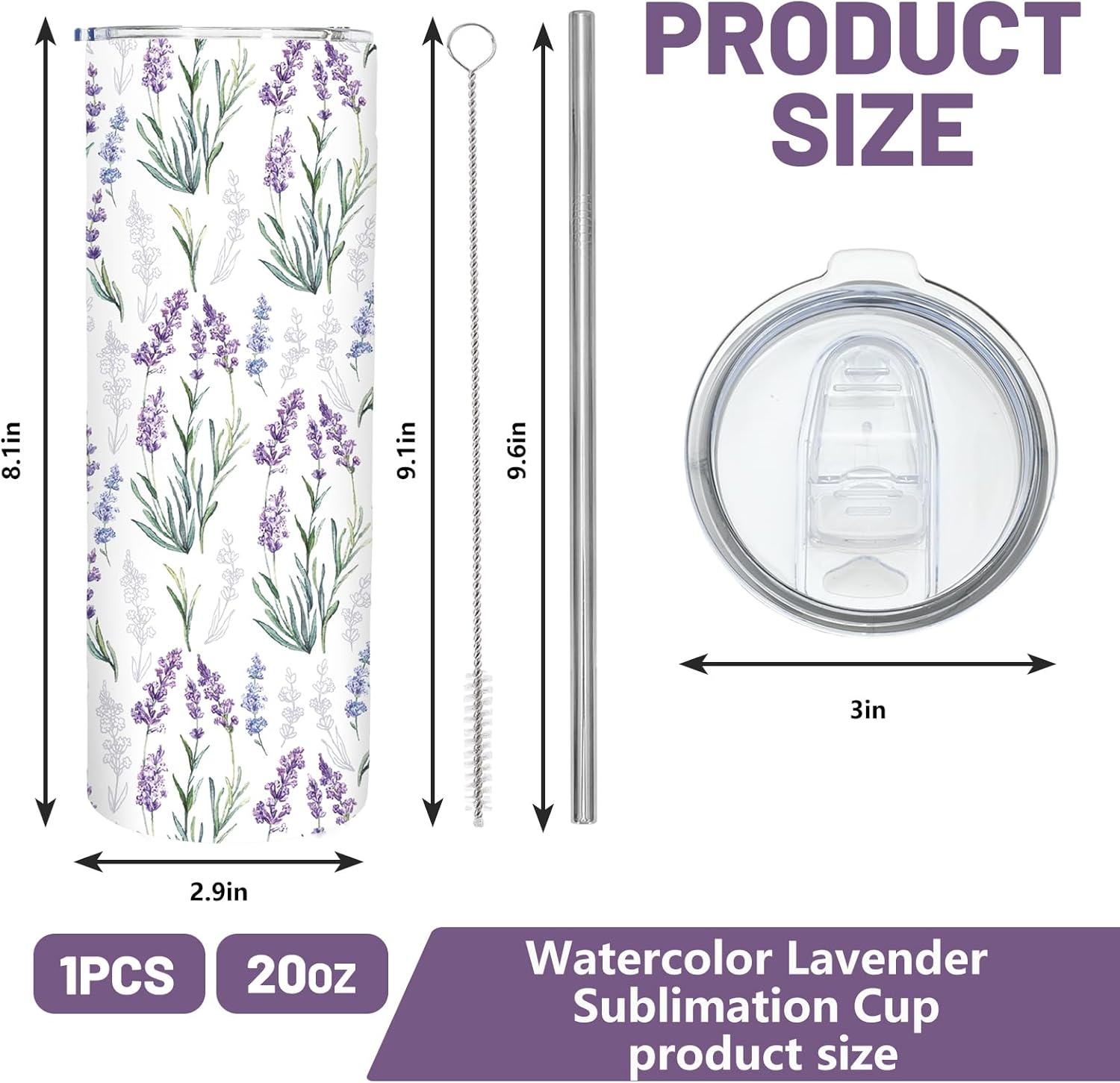 1Pc Lavender Floral Tumbler with Lid Straw 20oz Purple Flower Stainless Steel Travel Tumbler Cup Boxed for Spring Summer Wedding Bridal Shower Birthday Iced Coffee - Image 2