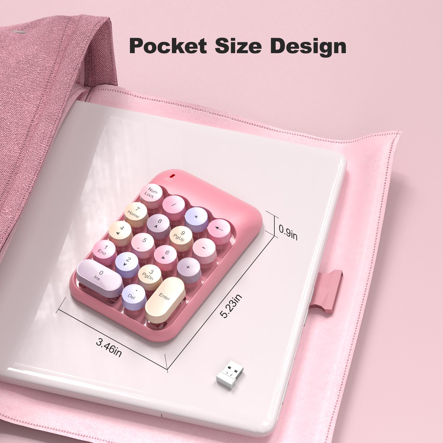 MOWUX Almohadillas numéricas inalámbricas, lindo teclado numérico colorido portátil de 2.4 GHz, extensiones de teclado de contabilidad financiera, teclado numérico de 10 teclas para computadora