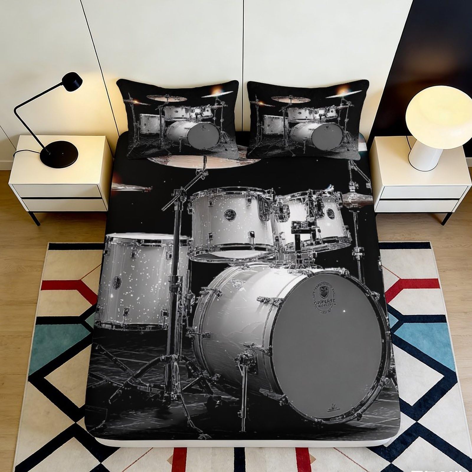 3D Printed Drum Set Fitted Sheet Microfiber Soft Durable Rock Music Bed Cover Mattress Cover for Bedroom Dormitory Guest Room Mattress Protection 160x200x25cm