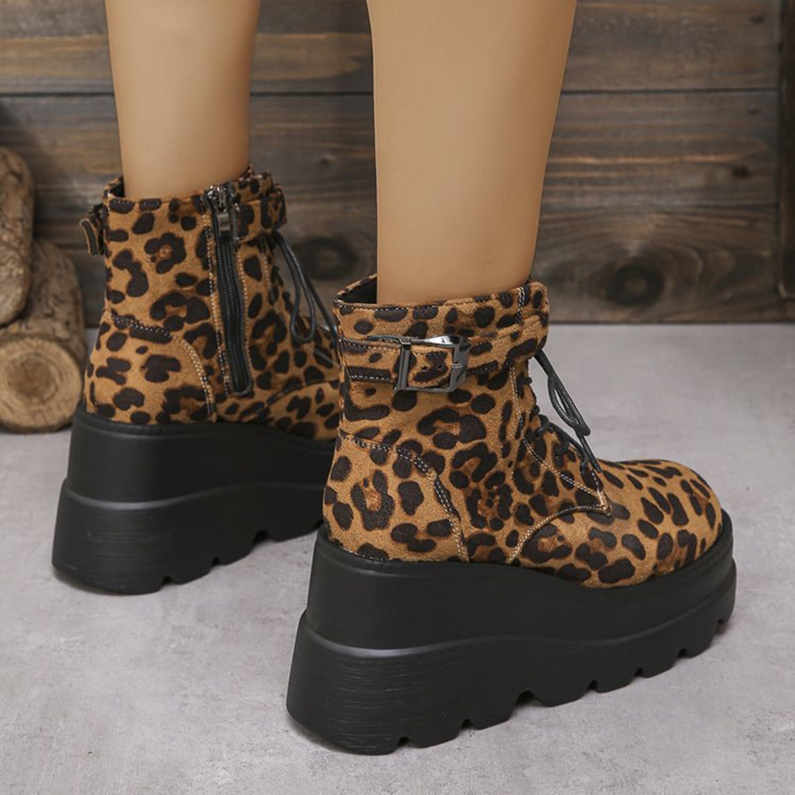 Botas de tobillo para mujer, para primavera, otoño e invierno, puntera redonda, estampado de leopardo grueso, a la moda, con cremallera lateral, para motocicleta, talla grande, informales, color