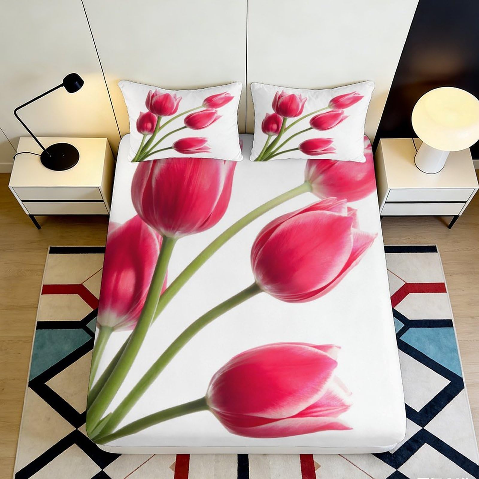3D Printed Tulip Blossom Fitted Sheet Microfiber Soft Pink Floral Bed Cover for Bedroom Guest Room Easy Care 90x200x25cm