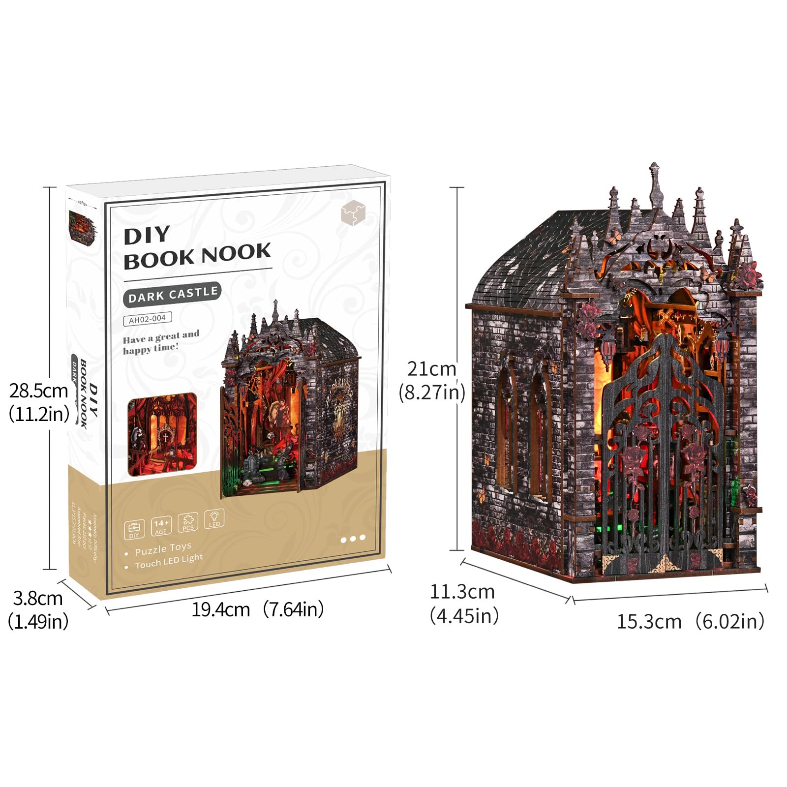 DIY Book Nook kit-Dunkler Aastle-Buchstütze Aus Holz und 3D-Puzzle mit LED-Licht, bastelset Erwachsene，Book Nook kit