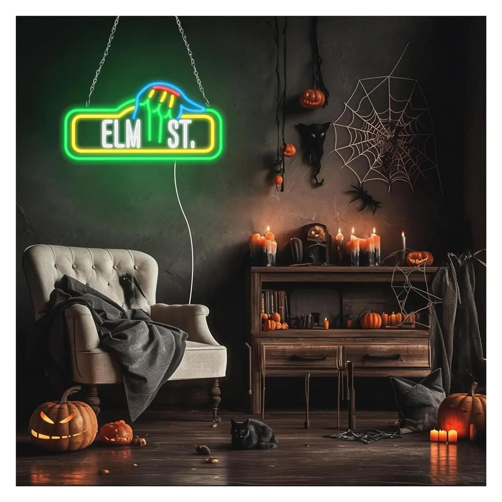 Decoración Lámparas Letrero De Elm Street Con Luz De Neón Verde, USB, Para Aula, Dormitorio, Habitación De Niños, Decoración Para Fiesta, Hogar, Sala De Estar 41.4x21.6cm