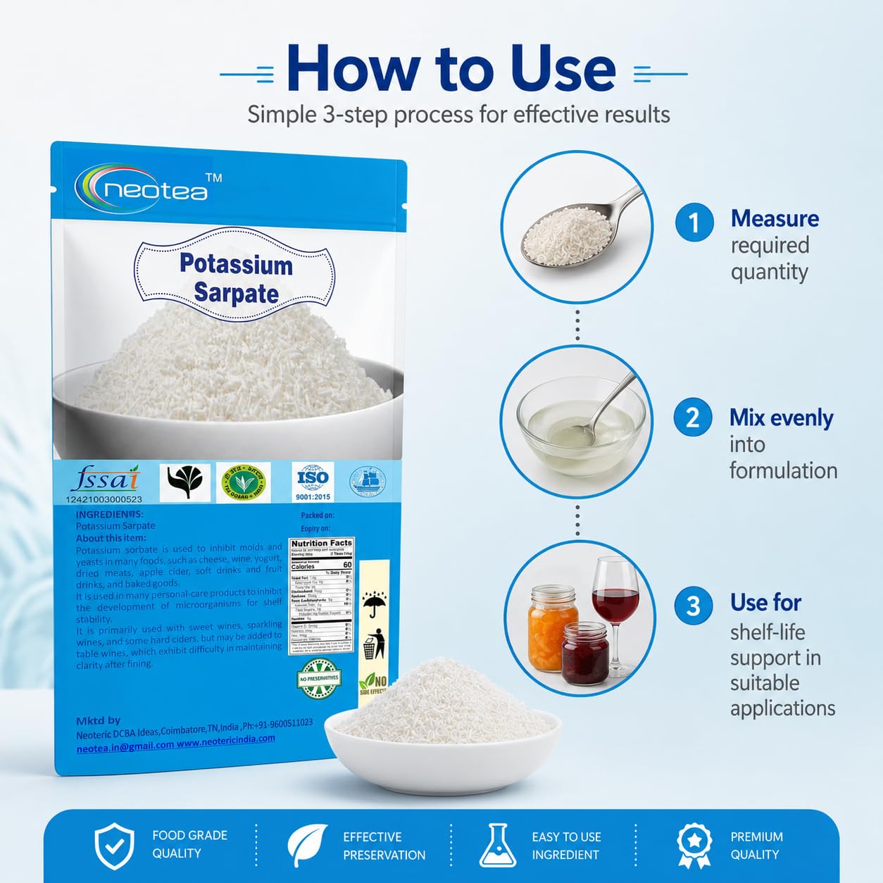 Neotea Potassium Sorbate Food Grade Preservative Powder | Helps Maintain Freshness in Food & Beverage Preparations | Multipurpose Ingredient for Baking, Beverages, Sauces & Homemade Recipes | 100% Pure | Resealable Pack 250 Gm — Amazon image 6