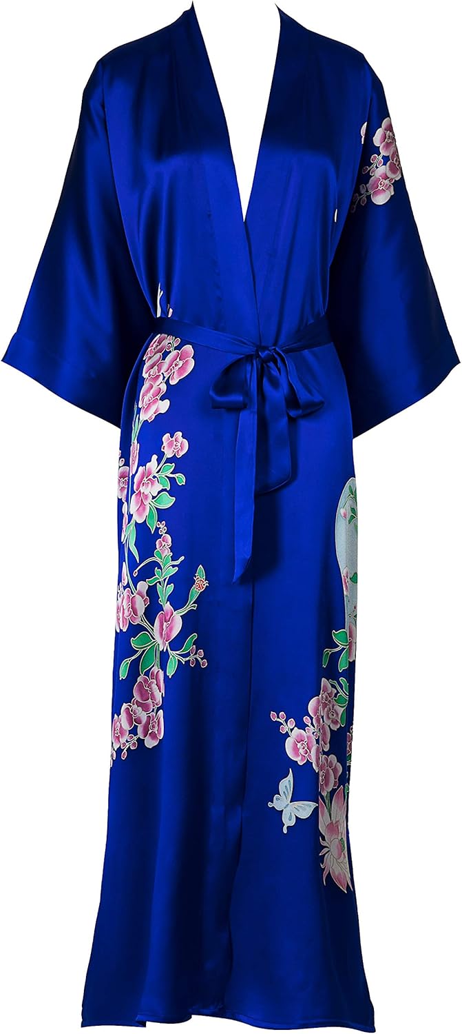 Silk Kimono Women's Long Robe Nightgown- Handpainted Sleepwear BlueRoyal