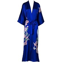 Silk Kimono Womens Long Robe Nightgown- Handpainted Sleepwear BlueRoyal