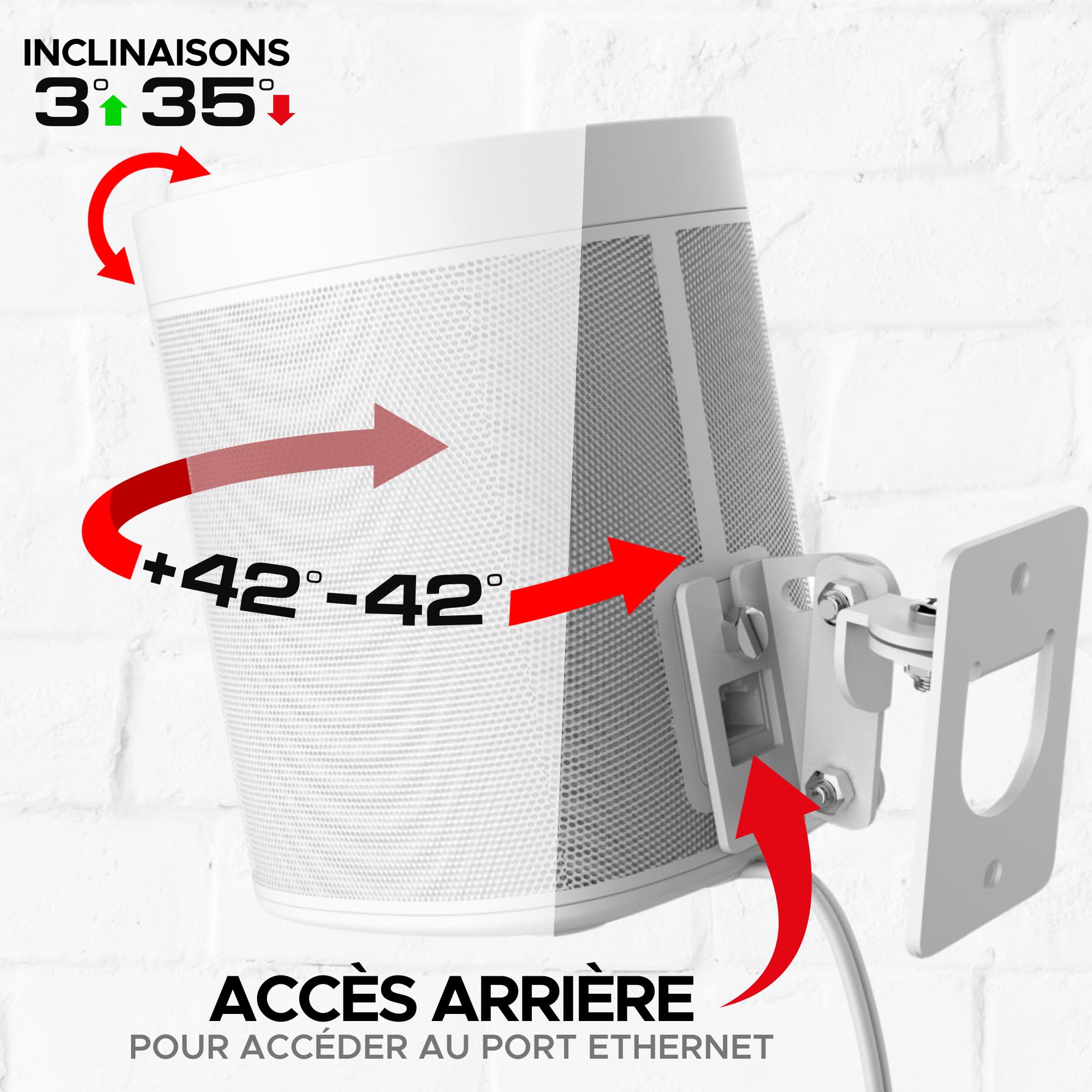 Play 1 Paire de Supports muraux Blanc compatibles avec Sonos Play:1 Uniquement, Lot de 2, mécanisme de pivotement et d'inclinaison réglable, 2 Supports de Montage Comprenant Toutes Les Fixations