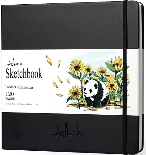 ALKALO Square Sketchbook for Drawing, 120 Pages Sketch Book, 122LB/180GSM Thick Paper, Mixed Media Sketchbook for Charcoal Pencil, Inks Pen, Colored Pencil, Acrylic Marker, Oil Pastel - Back - Large (10×10INCH)
