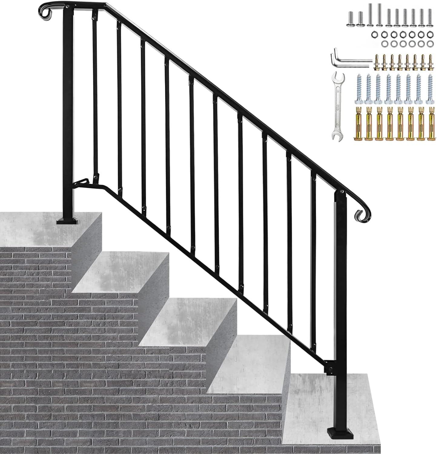 Adjustable Handrails for Outdoor Steps, Handrail Picket #4 Fits 4 or 5 Steps, Mattle Wrought Iron Handrail, Stair Rail with Installation Kit for Outdoor Steps-image-30