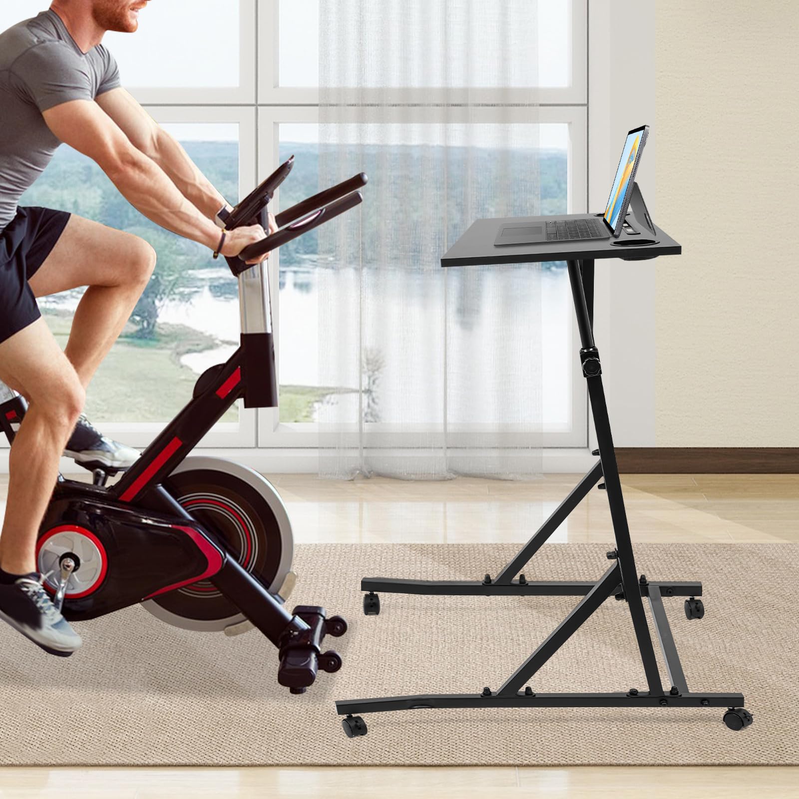 Czarne regulowane biurko do treningu rowerowego, regulowana wysokość, do jazdy na rowerze i trenerów rowerowych, 61 x 74 x 90-118 cm