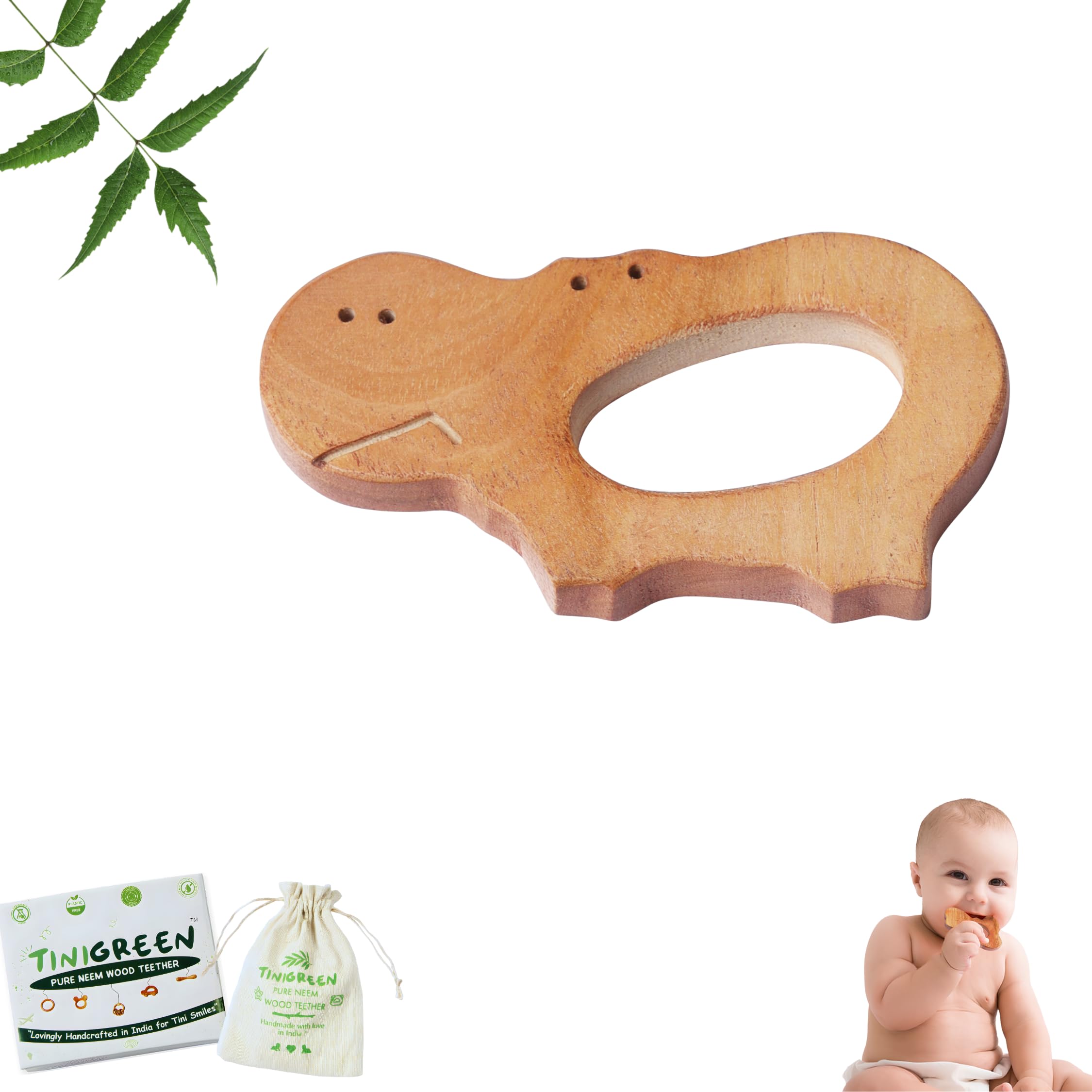 Neem Wooden Hippo Shape Baby Teether for 3–12 Months Infant | Natural Teething Toy(Pack of 1)-image-8