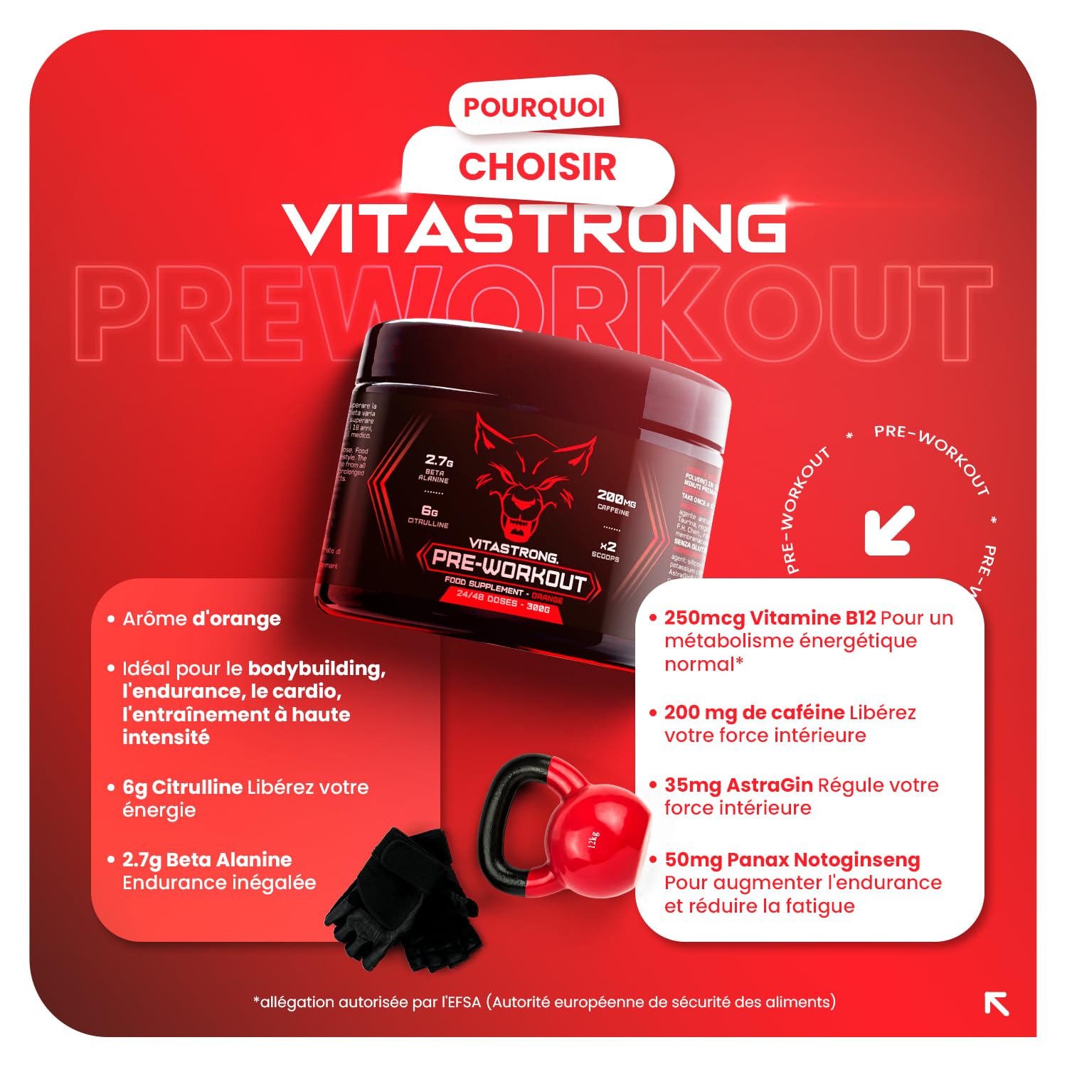 Pre Workout Booster Puissant 300g, Goût Orange, 24 Portions, Vitastrong | Vegan Preworkout, Vitamine B12, L Citrulline, Beta Alanine, Cafeine, Taurine, AstraGin