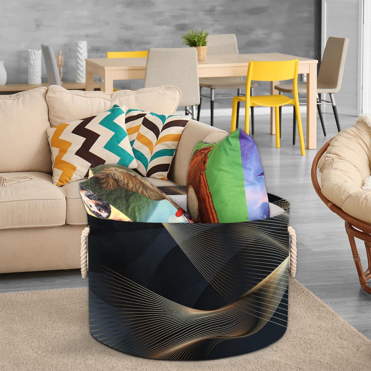 Pardick Large Round Storage Basket Black Stripes Collapsible Circle Storage Bin Basket Laundry Hamper With Handle for Kids Boy Girls Toy Bedroom Living Room Nursery Room Decor Storage Organizer