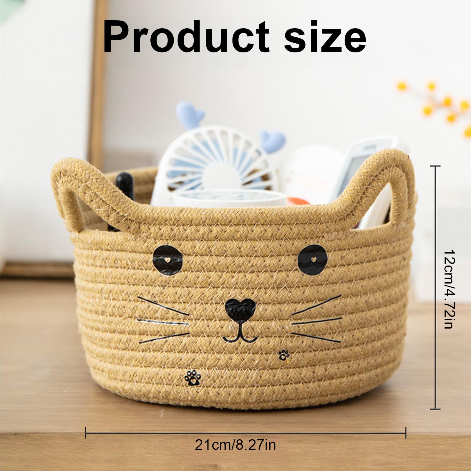 Cestas Almacenaje Pequeña, Cesta de Almacenamiento con forma de gato, Cestas Bebe de Cuerda de Algodón, aprox. 21 x 12 cm, para Guardar Toallas, Juguetes y Cosméticos (Color Caramel)