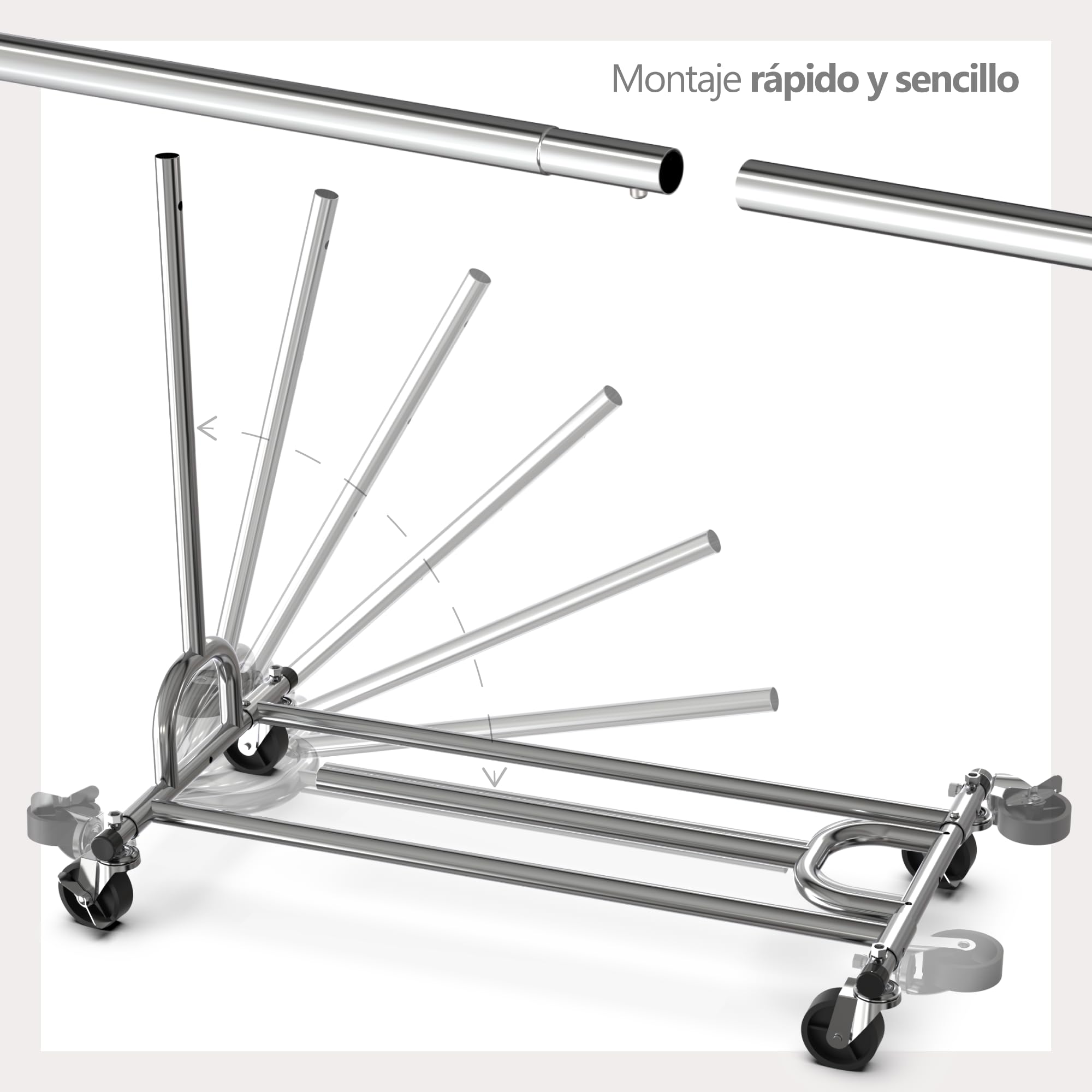 PORTENTUM Perchero burro ropa resistente extensible con ruedas y frenos – hasta 180 kg de carga – Organizador ropa de acero de 45 x (92-132) x 161,5 cm – Percheros de pie con almacenaje inferior