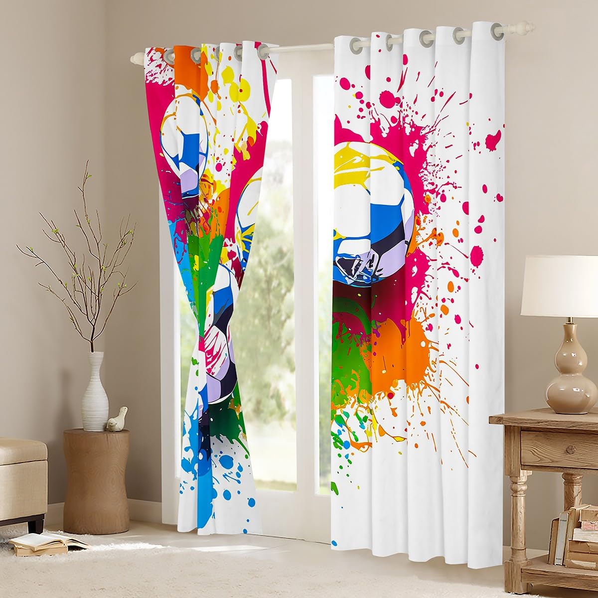 Homemissing Football Curtains (2 Panels,W46*L72) For Bedroom Kids Boys Teens Soccer Ball Game Window Curtains Multi-Colored Graffiti 30%-50% Blackout Curtains Rugby Sports Game Window Treatments - Image 3