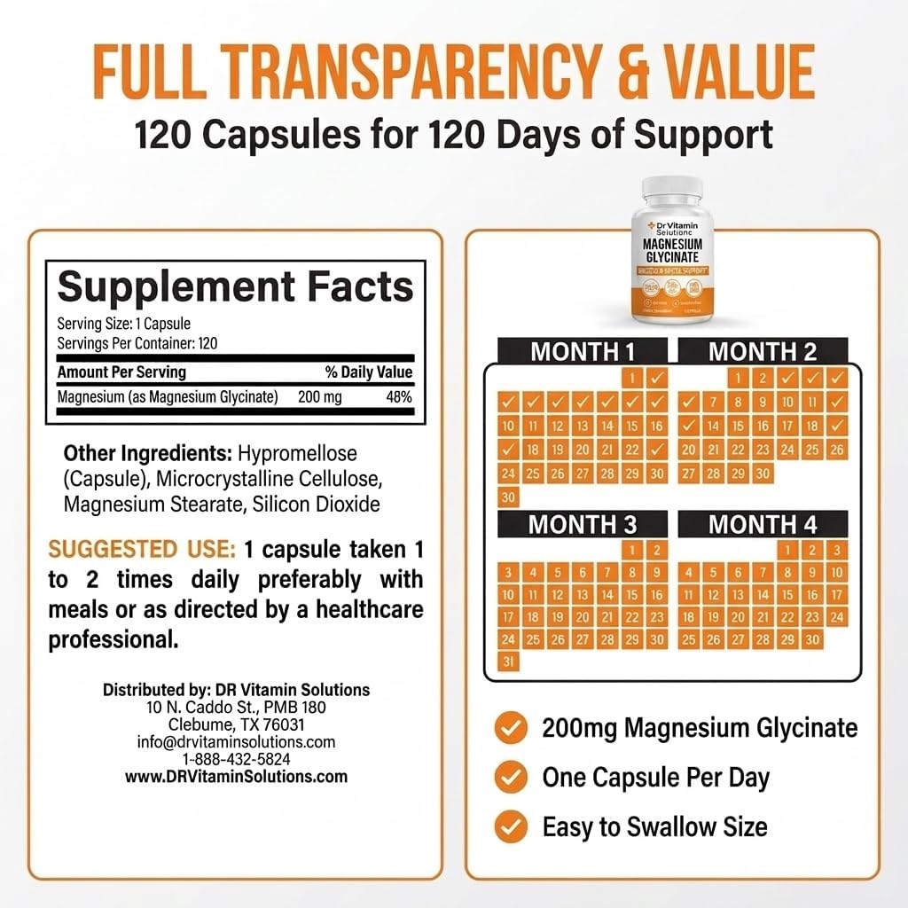 Magnesium Glycinate 200mg High Absorption Chelated Magnesium Supplement for Sleep, Stress, Muscle & Nerve Support, Calm & Relaxation - Vegan, Non-GMO, Gluten & Soy Free - 120 Capsules 4 Month Supply