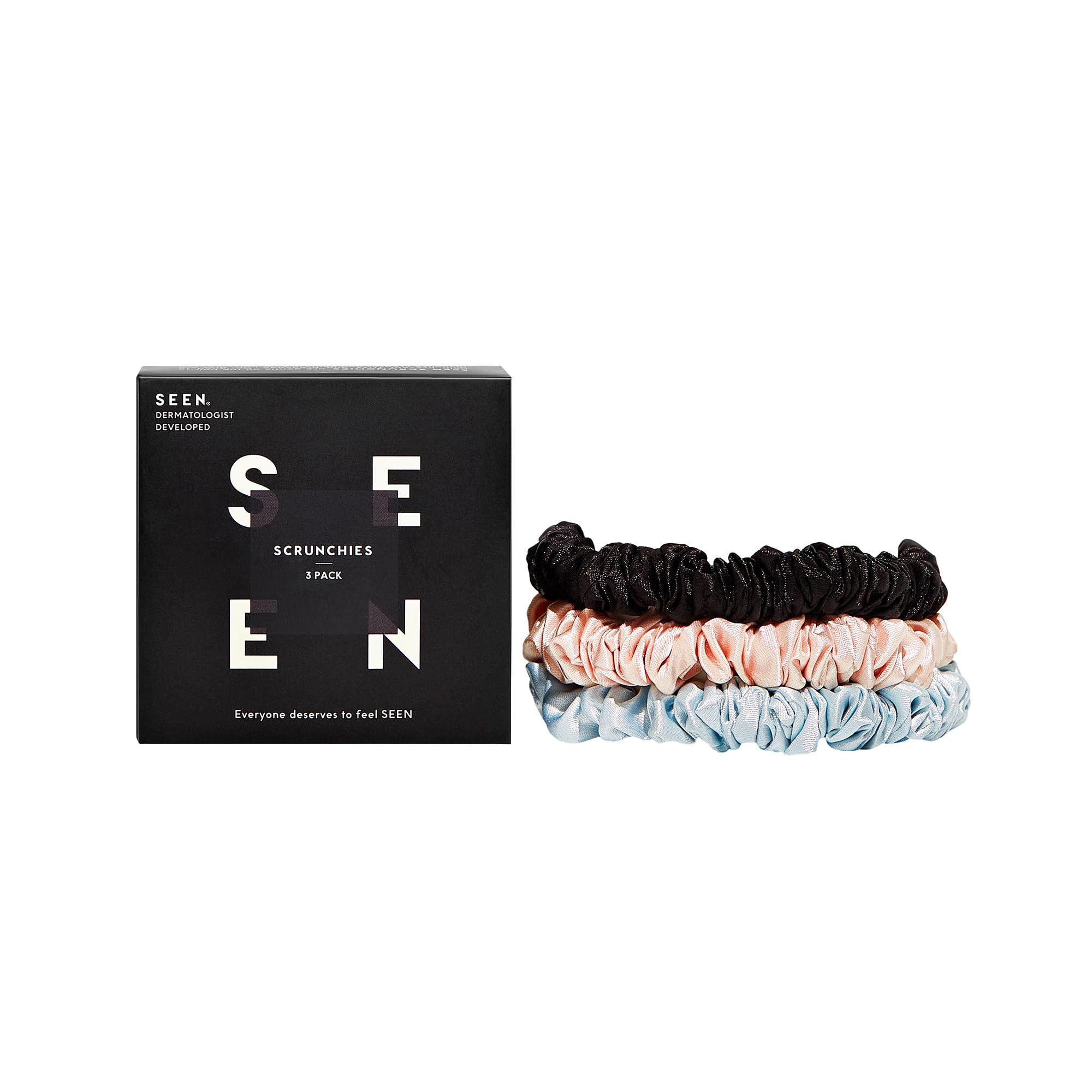 SEEN Scrunchies - Satin Hair Scrunchies -Prevents Frizz & Breakage - No Damage Hair Ties - Set of 3, Multicolor, 1 count (Pack of 3)