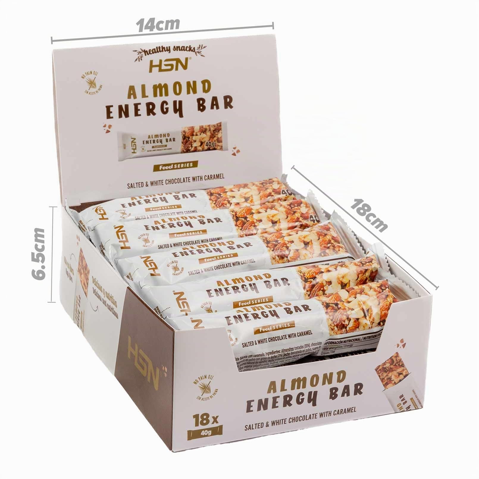 HSN Barritas Energéticas de Almendra Almond Energy Bar | Chocolate Blanco Caramelo Salado - 18 unidades de 40g | Ingredientes Naturales | Sin Aceite de Palma Sin Azúcares Añadidos | Apto Vegetariano