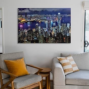 Amazon.co.jp: 香港市の夜景風景キャンバス絵画ポスター