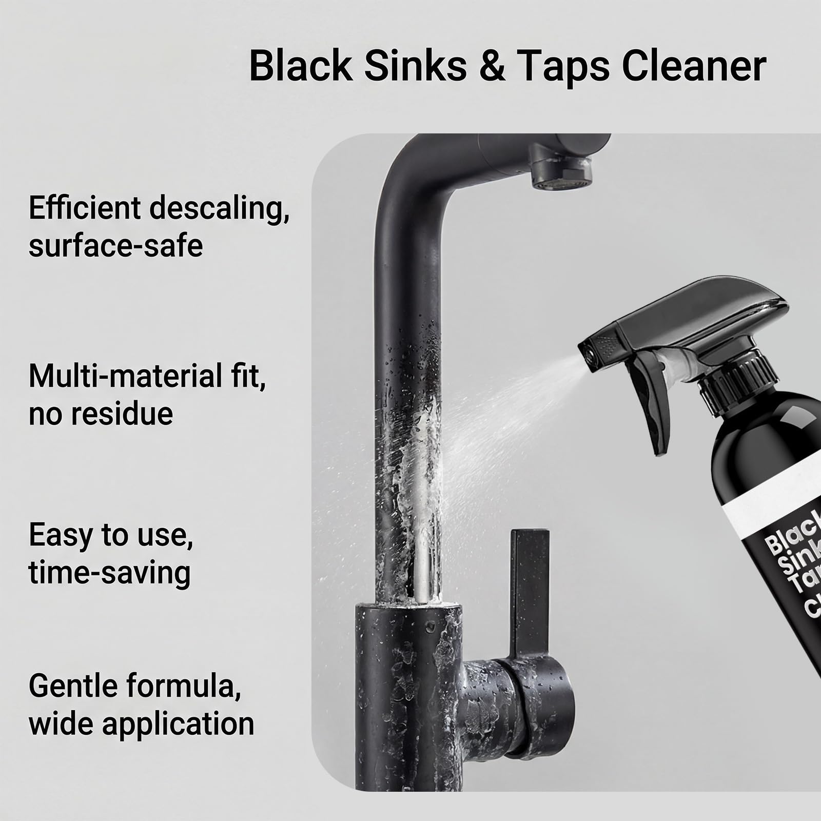 Multi Surface Black Sinks & Taps Cleanser, Hard Water Mark Removal Spray, 2026 New Stainless Steel Basin & Cookware Cleaner, Limescale Eliminator Fit for Diverse Kitchen Basin Surfaces (5 stücke)