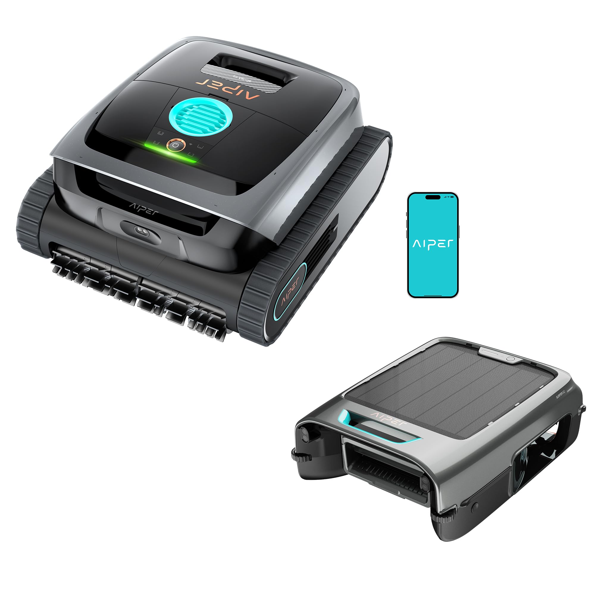 AIPER Scuba S3 + EcoSurfer S2, Robot Piscina Fondo, Paredes y Línea de Agua + Robot Skimmer Solar, Limpieza Completa 4 Zonas, Plan Semanal, Aparcamiento Automático, Control Mediante App
