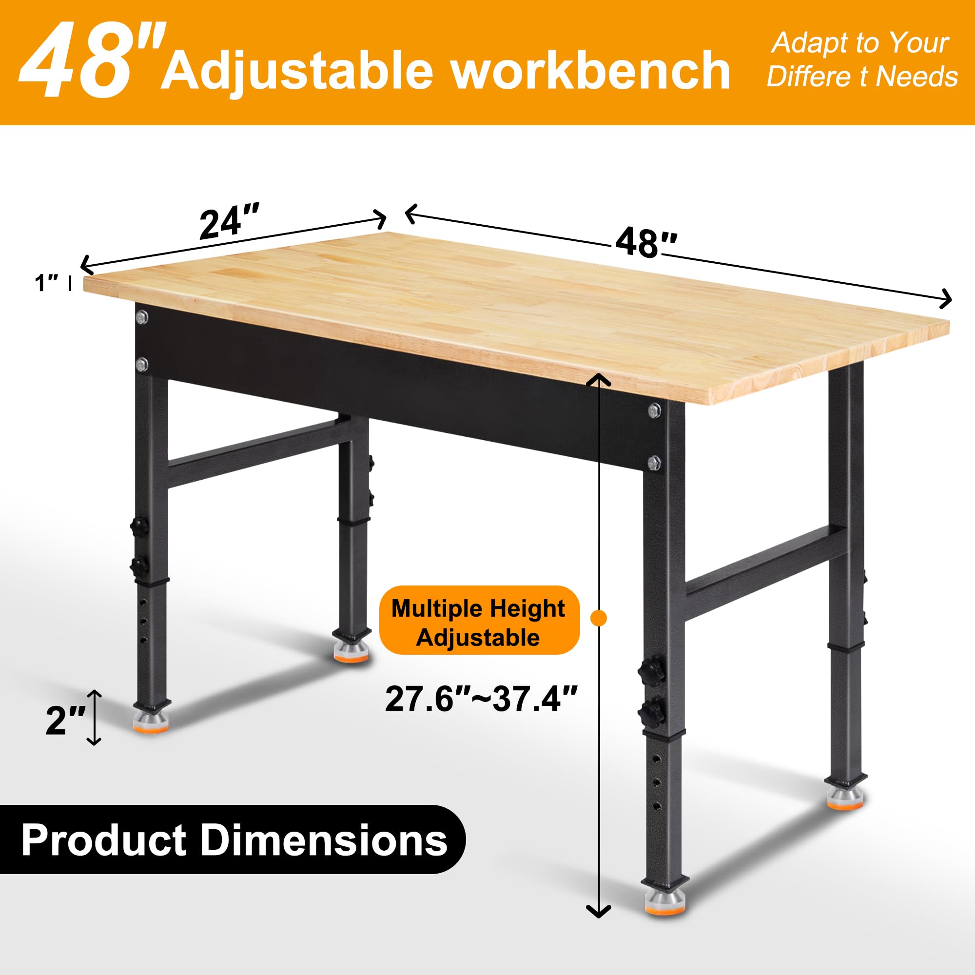 Établi De Travail Réglable De 121,9 Cm, Table De Travail Robuste En Bois D'hévéa, Capacité De Charge De 907,2 Kg, Bancs De Travail En Bois Dur Pour