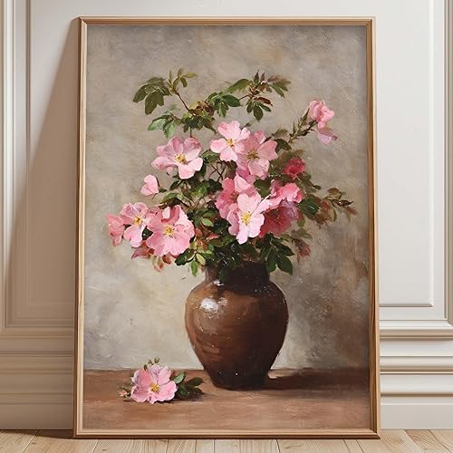 Flower in Vase Canvas Wall Art Vintage Floral Canvas Print Retro Floral Pictures Wall Decor for Living Room Bedroom Bathroom Vintage Botanical