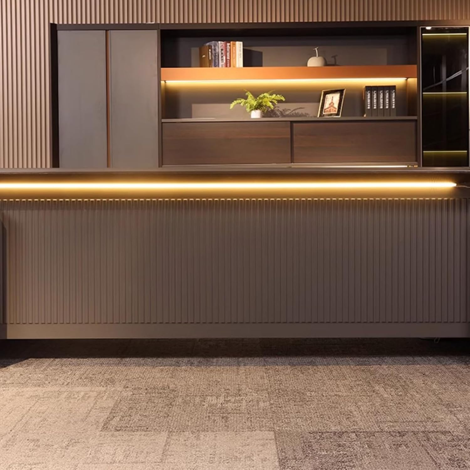 L-Shaped Orange Computer Desk, Executive Office Desk with Lateral Cabinet Study Writing Table Business Furniture Set for CEO Boss